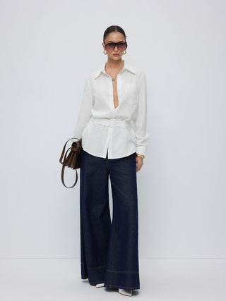 Linen-blend Longline Long Sleeve Shirt with Belt