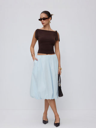 Cotton-blend Low Rise Ruched Bubble Hem Midi Skirt