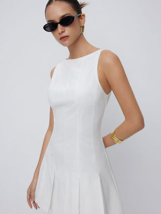 Linen-blend Boat Neck Pleated A-line Mini Dress