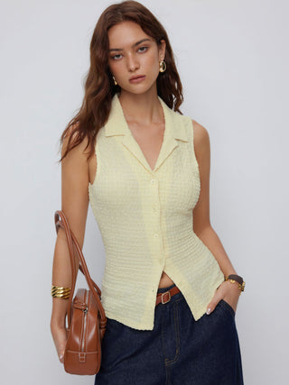 Cotton-blend Textured Notched Collar Tie Back Tank Top