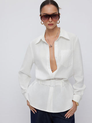 Linen-blend Longline Long Sleeve Shirt with Belt