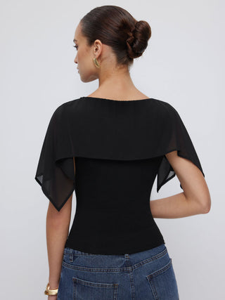 Boat Neck Draped Overlay Short Sleeve Top