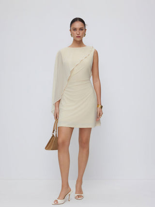 Textured Boat Neck Ruched Asymmetrical Draped A-line Mini Dress
