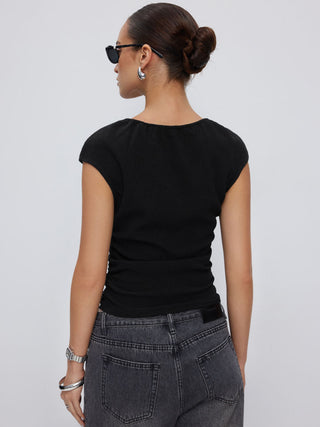 Textured Cut Out Drawstring Ruched Asymmetrical Hem Short Sleeve Top