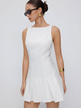 Linen-blend Boat Neck Pleated A-line Mini Dress
