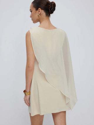 Textured Boat Neck Ruched Asymmetrical Draped A-line Mini Dress