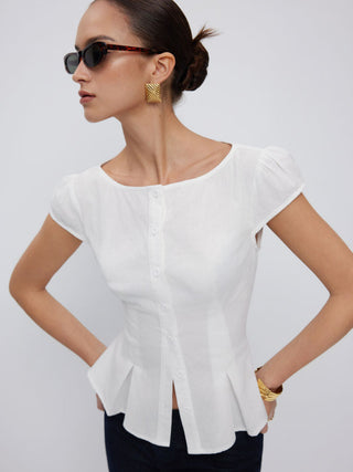 Cotton-blend Textured Boat Neck Puff Sleeve Button Through Peplum Blouse