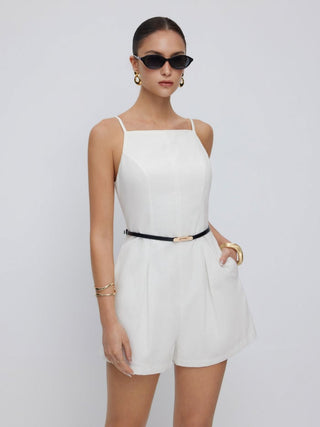 Linen-blend Square Neck Mid Rise Metal Detail Cami Romper With Belt