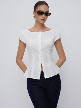 Cotton-blend Textured Boat Neck Puff Sleeve Button Through Peplum Blouse
