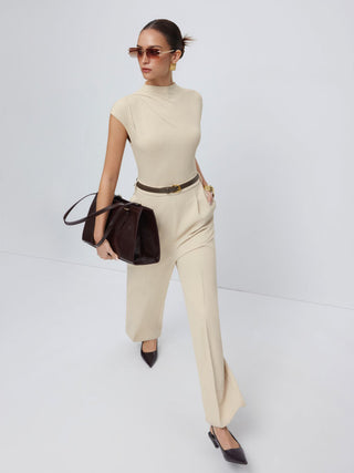 High Neck Draped Mid Rise Wide Leg Jumpsuit With Belt