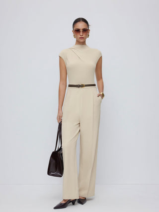 High Neck Draped Mid Rise Wide Leg Jumpsuit With Belt