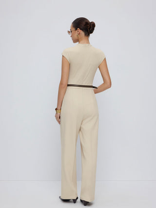 High Neck Draped Mid Rise Wide Leg Jumpsuit With Belt