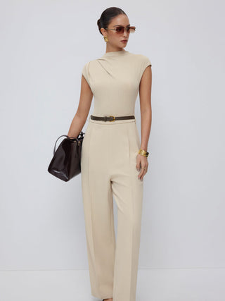 High Neck Draped Mid Rise Wide Leg Jumpsuit With Belt