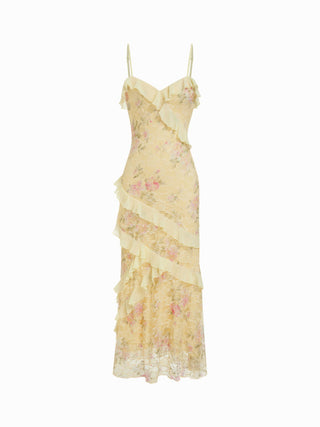 Lace V-neck Floral Ruffle Maxi Dress