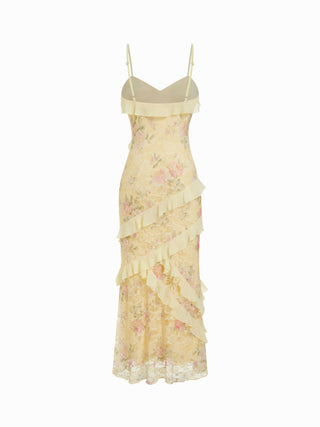 Lace V-neck Floral Ruffle Maxi Dress