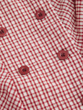 Cotton-blend Gingham Peter Pan Collar Puff Sleeve Double Breasted Blouse