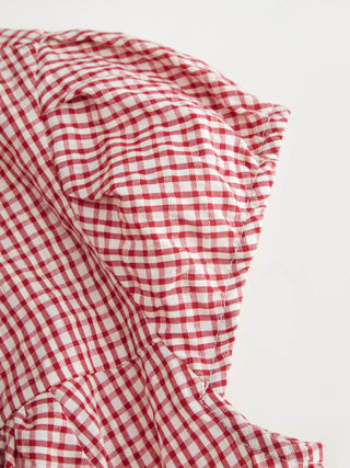 Cotton-blend Gingham Peter Pan Collar Puff Sleeve Double Breasted Blouse