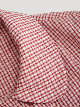 Cotton-blend Gingham Peter Pan Collar Puff Sleeve Double Breasted Blouse