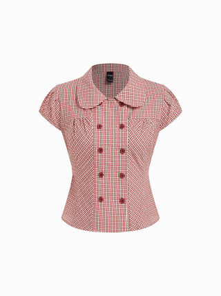 Cotton-blend Gingham Peter Pan Collar Puff Sleeve Double Breasted Blouse
