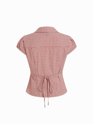 Cotton-blend Gingham Peter Pan Collar Puff Sleeve Double Breasted Blouse