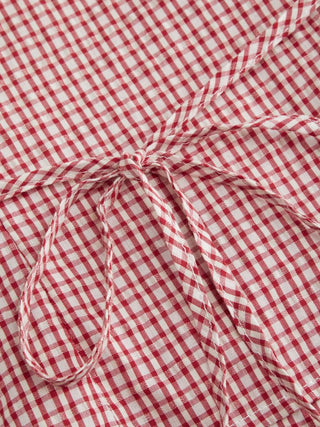 Cotton-blend Gingham Peter Pan Collar Puff Sleeve Double Breasted Blouse