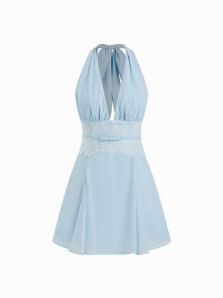 Chiffon Halter Neckline Backless Lace Panel Bowknot A-line Mini Dress