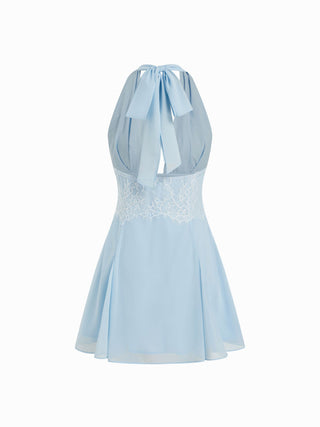 Chiffon Halter Neckline Backless Lace Panel Bowknot A-line Mini Dress