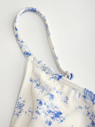 V-neck Toile de Jouy Floral Ruffle Tankini Low Rise Bikini Set