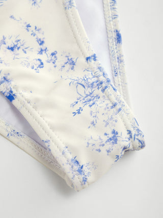 V-neck Toile de Jouy Floral Ruffle Tankini Low Rise Bikini Set