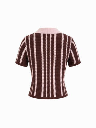 Knit Cotton-blend Stripe Pointelle Polo Neck Colorblock Short Sleeve Top