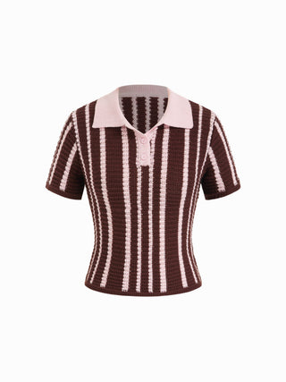 Knit Cotton-blend Stripe Pointelle Polo Neck Colorblock Short Sleeve Top