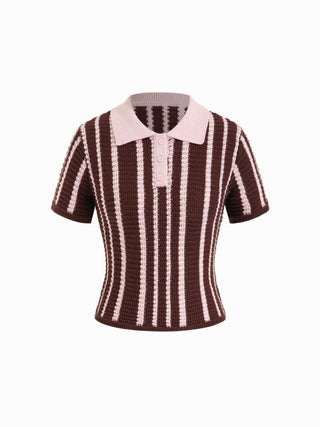 Knit Cotton-blend Stripe Pointelle Polo Neck Colorblock Short Sleeve Top