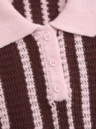 Knit Cotton-blend Stripe Pointelle Polo Neck Colorblock Short Sleeve Top