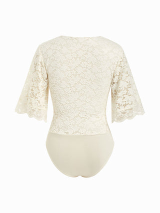 Lace Jacquard Sweetheart Neck Bell Sleeve Twist Knotted Bodysuit