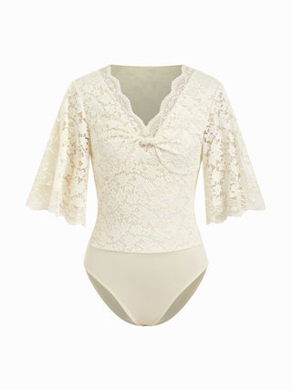 Lace Jacquard Sweetheart Neck Bell Sleeve Twist Knotted Bodysuit