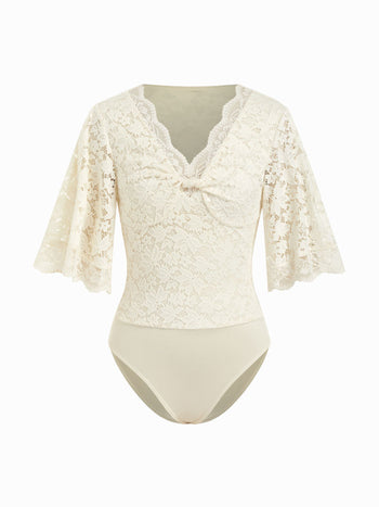 Lace Jacquard Sweetheart Neck Bell Sleeve Twist Knotted Bodysuit