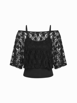 Jersey Asymmetrical Neck Floral Lace Poncho Top