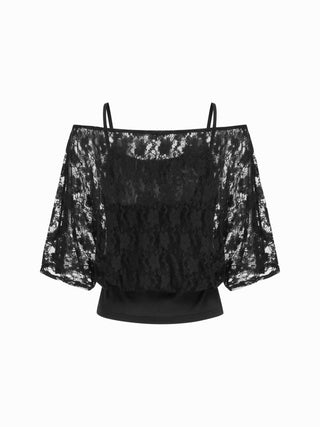 Jersey Asymmetrical Neck Floral Lace Poncho Top