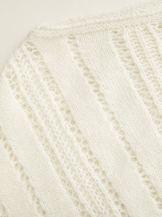 Knit Fabric Boat Neck Crochet Shirred Long Sleeve Top