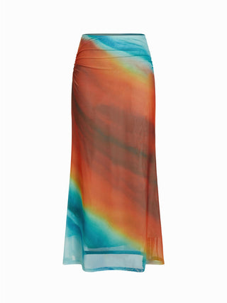 Mesh Mid Rise Abstract Ruched Maxi Skirt