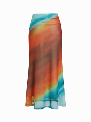 Mesh Mid Rise Abstract Ruched Maxi Skirt