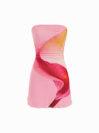Mesh Abstract Graphic Strapless Bodycon Mini Dress