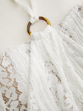 Textured Lace Halter Neckline O-Ring Draped Longline Top