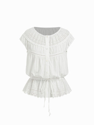 Cotton-blend Broderie Anglaise Short Sleeve Ruffle Peplum Hem Oversized Blouse