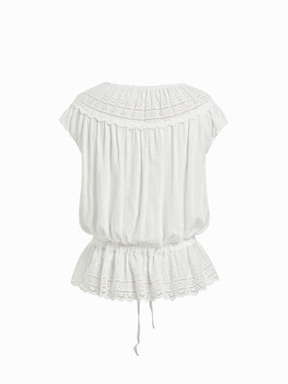 Cotton-blend Broderie Anglaise Short Sleeve Ruffle Peplum Hem Oversized Blouse