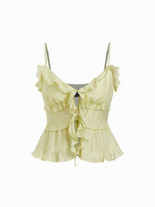 Textured Lyocell-blend V-Neck Ruffled Tie Front Cami Blouse