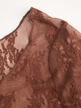 Floral Lace Boat Neck See-Through Middle Sleeve Top