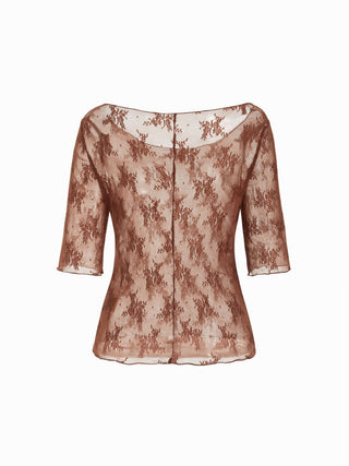Floral Lace Boat Neck See-Through Middle Sleeve Top