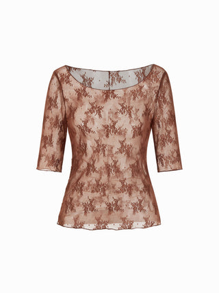 Floral Lace Boat Neck See-Through Middle Sleeve Top