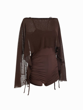 Textured Boat Neck High Rise Drawstring Slim Romper With Scarf